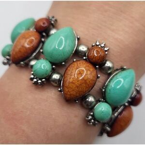 Southwestern Turquoise Brown Silver Bangle Bracelet 7in